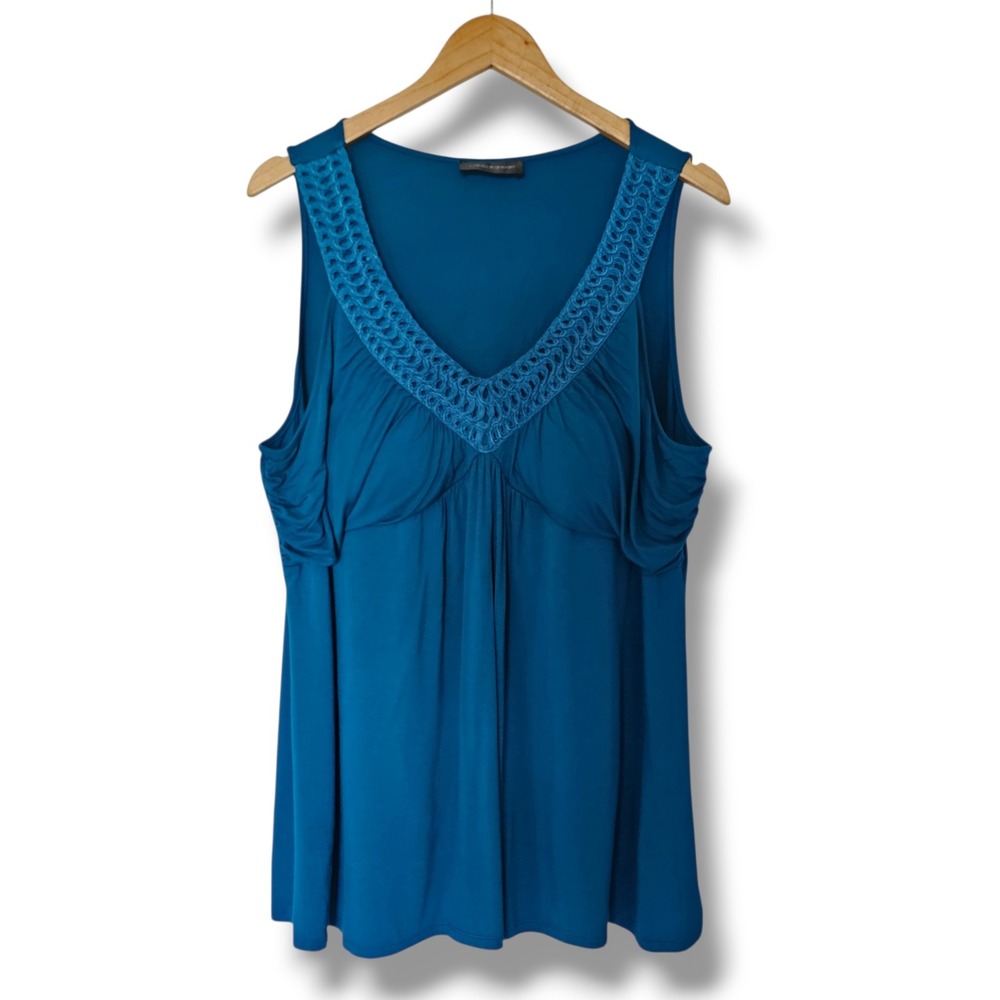 Cable & Gauge Tank Top 2X Womens Teal Blue Crochet‎ V-Neck Ruched Empire Waist